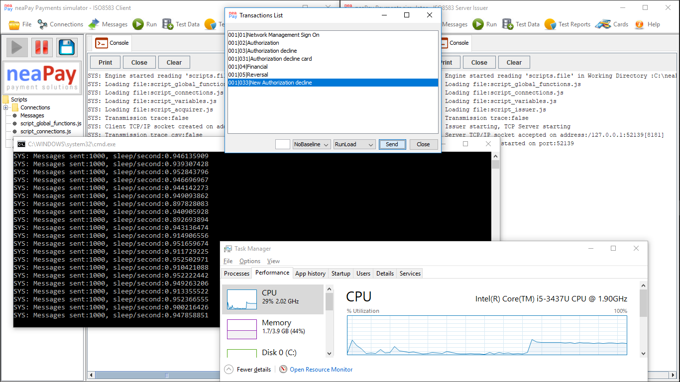 ISO8583 Simulator neapay- Performance testing at 500, 1000 and 1500 Transactions per second